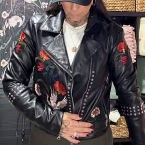 Embroidered Black Faux Leather Jacket